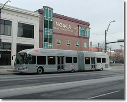 The rapid transit line uses a 62’ flexible diesel-electric bus.