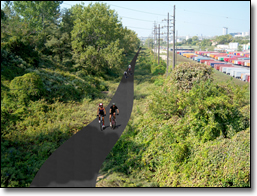 Pictured is concept of how a trail could be developed along the abandoned Norfolk
 Southern rail right-of-way west of I-77.